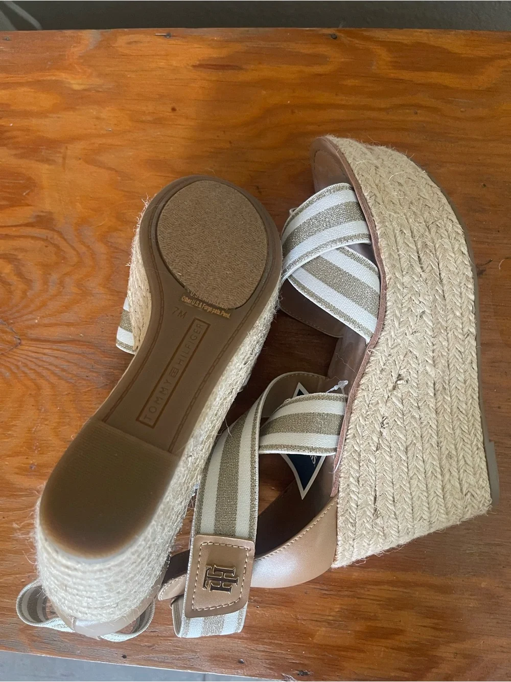 Tommy Hilfiger Tan and White Striped Wedge Espadrilles